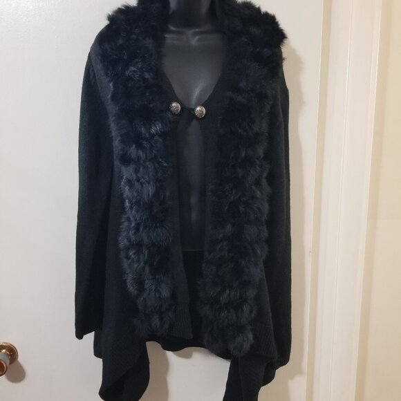 Bella NWT Rabbit Fur Trim Asymmetrical Open Front Cardigan XL Black - Picture 1 of 9